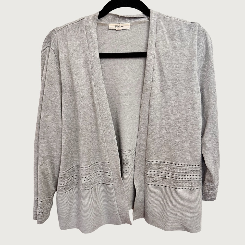 PEYTON PRIMROSE | Women's Open-Front Light Gray Cardigan with Eyelet Trim